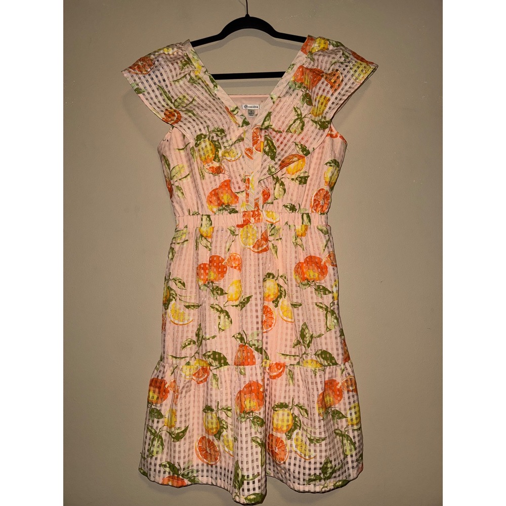 Version Peach CitrusFruit Print Flutter Sleeve Tiered Mini Dress S Picnic Brunch